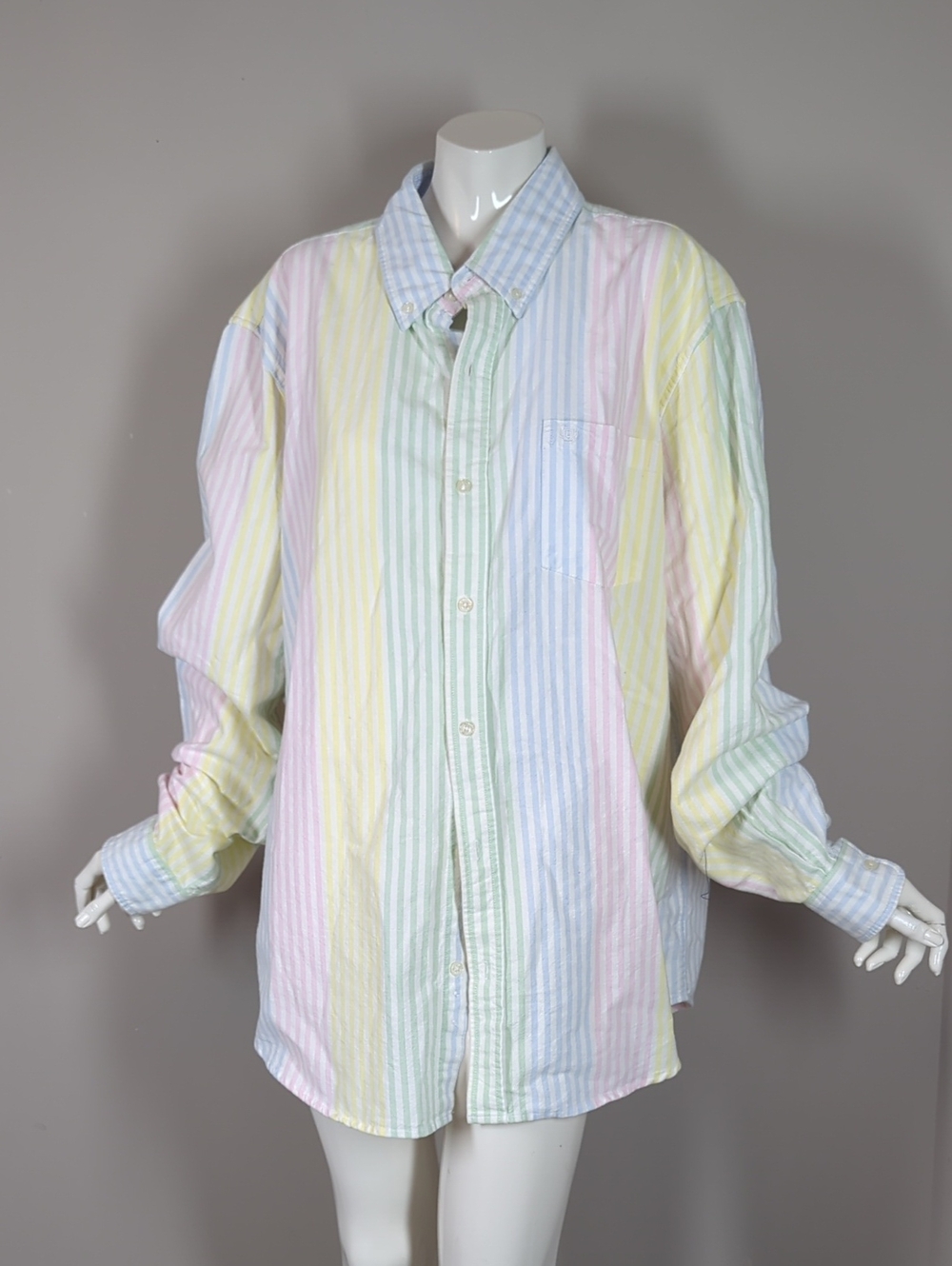 Chaps Pastel Multi-Stripe Button-Down Shirt - Pink, Blue, Green, Yellow Xxl